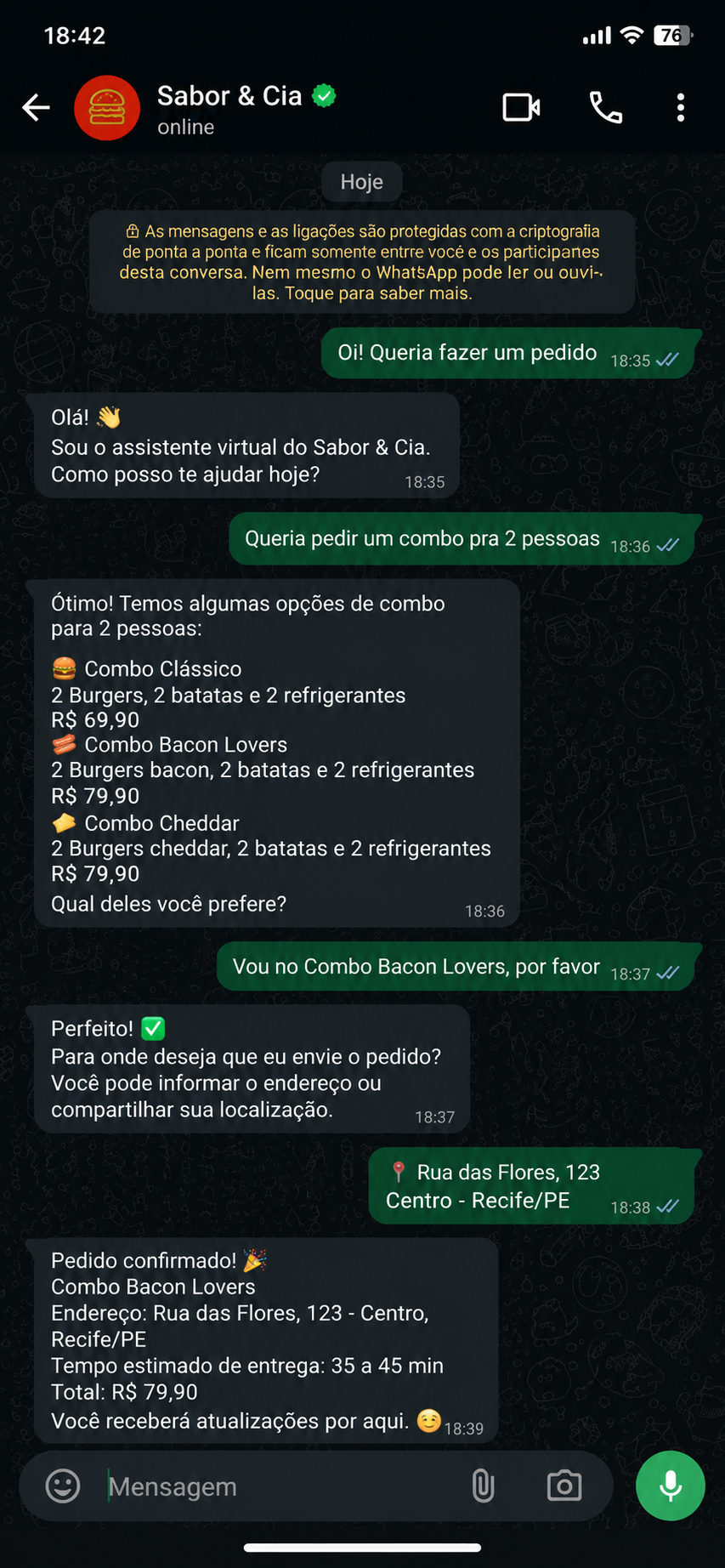 Exemplo de atendimento automatizado com IA pelo WhatsApp